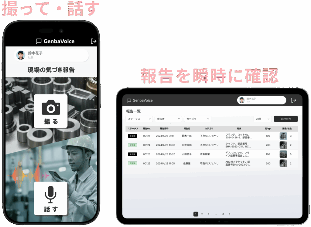 GenbaVoice（現場ボイス）の画面イメージ。スマホやタブレットで撮って話すだけで簡単。報告は瞬時に確認できます。