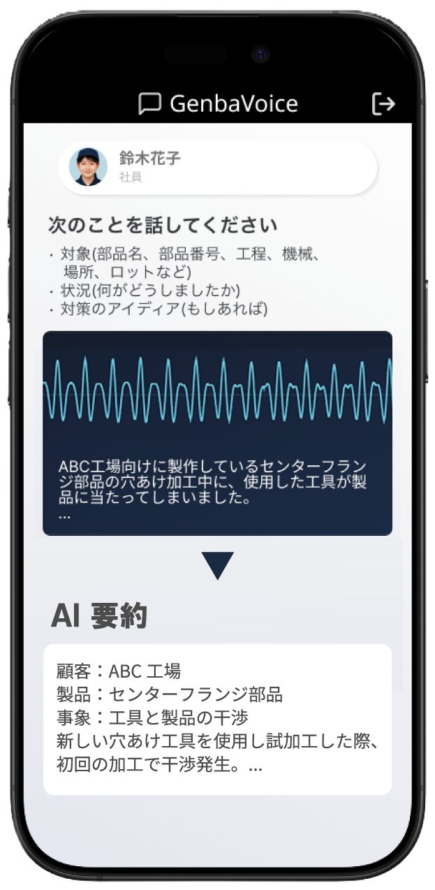GenbaVoice（現場ボイス）の音声入力の画面。現場でスマホに向かって話すだけで、AIが要点をくみ取り、簡潔で分かりやすい報告文に整えてくれます。