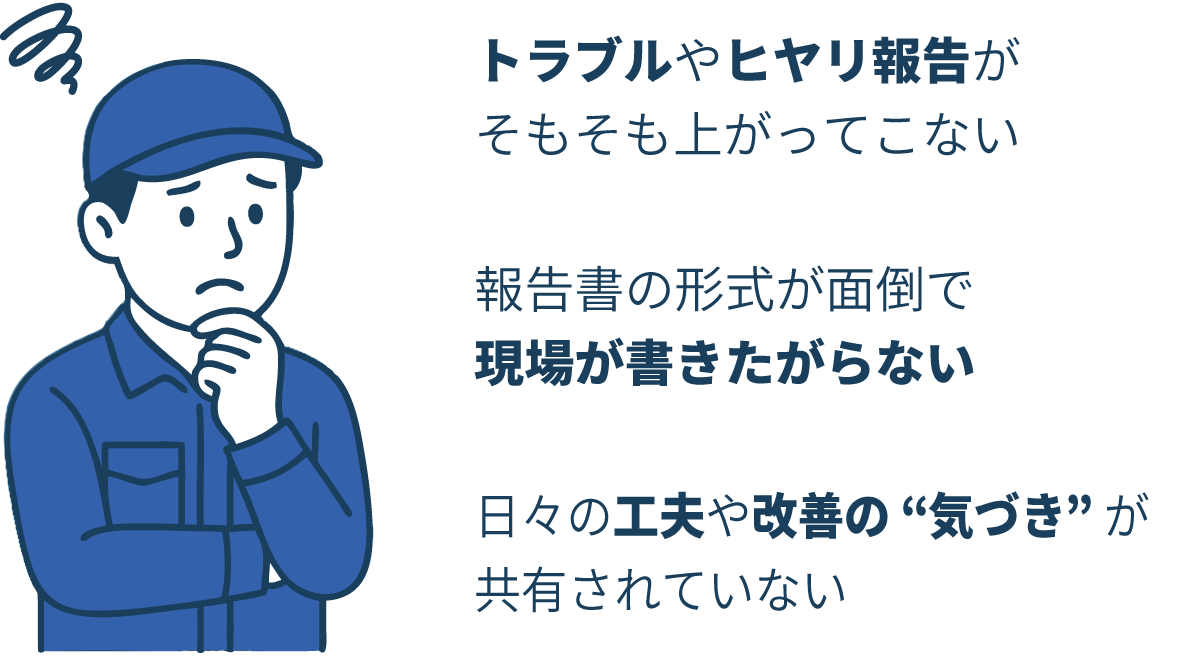 100% 12 C6 報告が上がってこない、報告書を書くのが面倒、改善案が共有されないなど、現場にありがちな課題に悩む作業員のイラスト。 報告が上がってこない、報告書を書くのが面倒、改善案が共有されないなど、現場にありがちな課題に悩む作業員のイラスト。 スクリーン リーダーのサポートを有効にする スクリーン リーダーのサポートを有効にするには、Ctrl+Alt+Z を押します。キーボード ショートカットの詳細については、Ctrl+スラッシュ を押します。